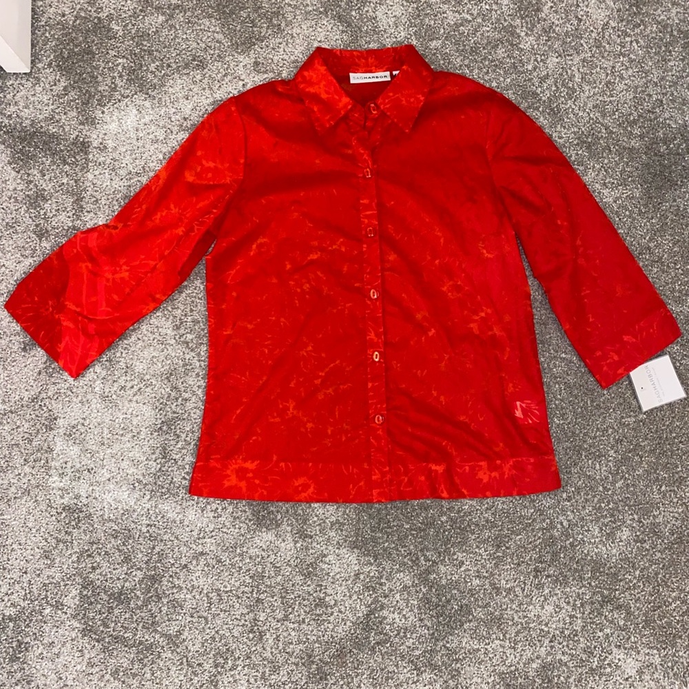 Coral Red Lace Patterned Sheer Button Down Small - Picture 7 of 8